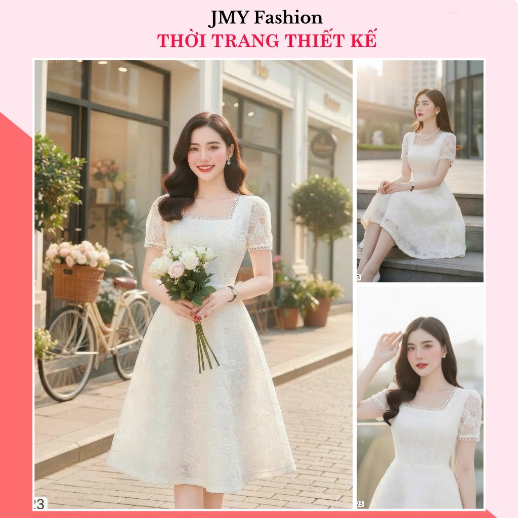 V5923 เดรสลูกไม้ลายดอกไม้คอเหลี่ยมและดีไซน์บาน [Dolce Viva Collection (DVC/ACC)]