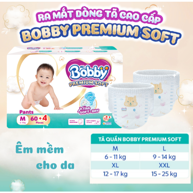 BOBBY PREMIUM SOFT PREMIUM ผ้าอ้อมและกางเกง super SOFT M64/L56/XL52/XXL48 plus 4 ชิ้น