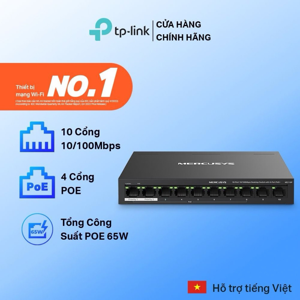 Mercusys MS110P 10-port 10/100 Mbps Network Switch พร้อมพอร์ต PoE+ 8 พอร์ต