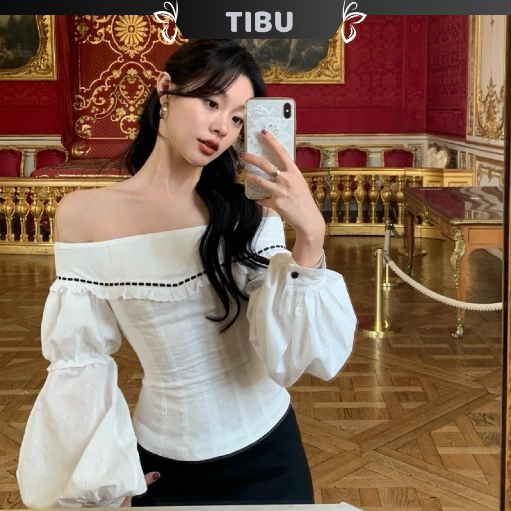 ทิบู พัฟแขนเสื้อปักลายดอกไม้ปิดไหล่เสื้อเลดี้สวยออกไปข้างนอกไปโรงเรียน ก619