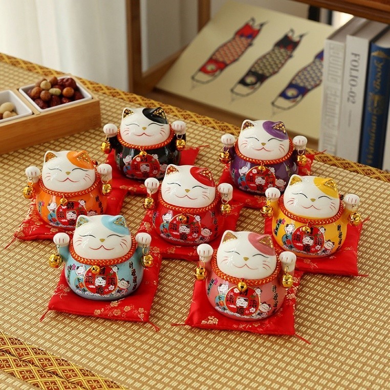 God of Fortune Cat Saving Jar พร้อมพรม - Maneki Neko Fortune Waving Cat, ตกแต่งบ้าน Grand เปิดของขวั