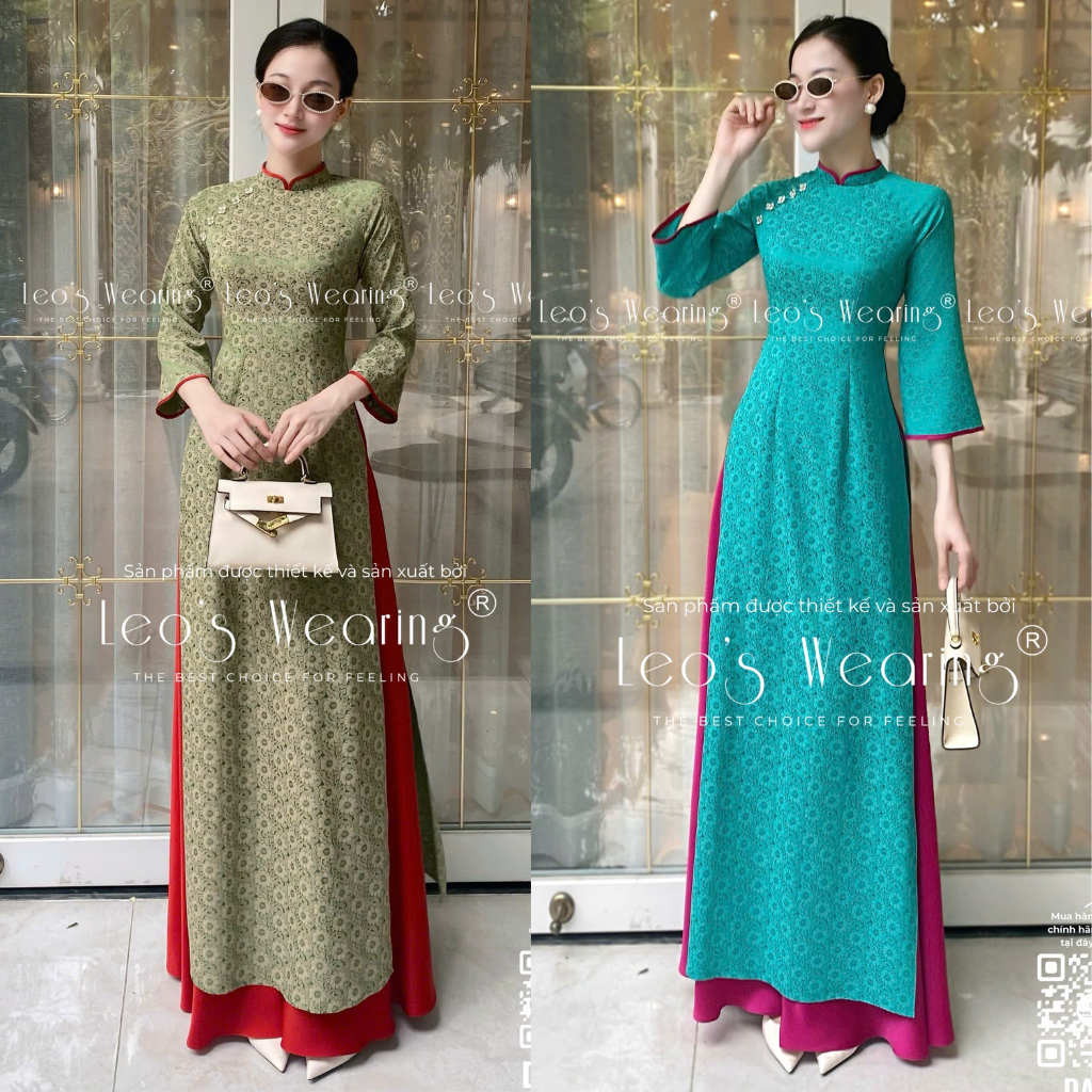 DA555 LEOSWEARING Silk ao dai พร้อมคอเต่า แขนครึ่งสีน้ําเงินขลิบและกางเกงสีชมพู