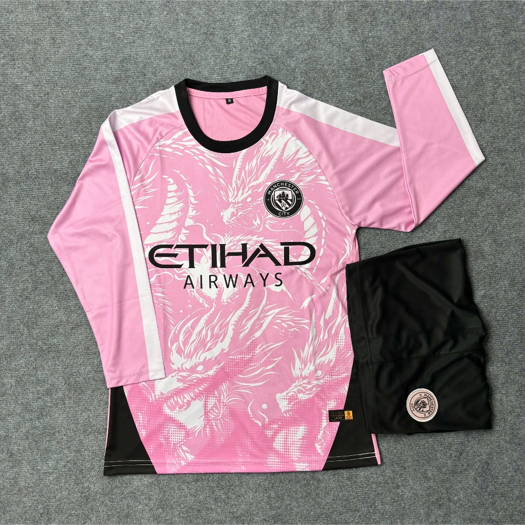 [MC] PRINTED NAME PRINTED NUMBER - ชุดฟุตบอลแขนยาว MC MC สีชมพูมังกร ยางยืดเย็น - วัสดุยืดดูดซับเหงื