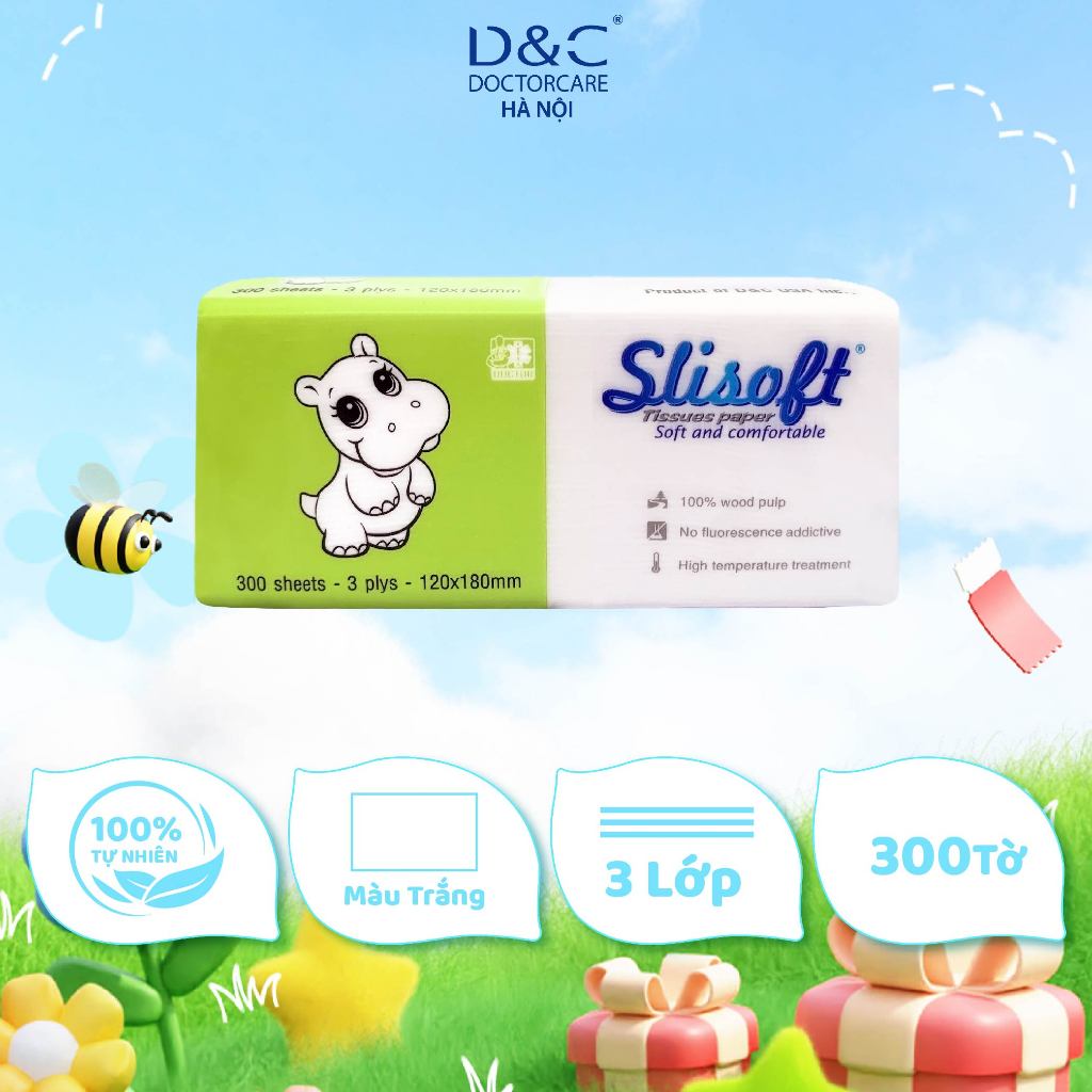 ทิชชู่ขาวธรรมชาติ Slisoft ไร้สารฟอกขาว เป็นมิตรกับสิ่งแวดล้อม แพ็ค 3 ชั้น 300 แผ่น Doctor Care HN St