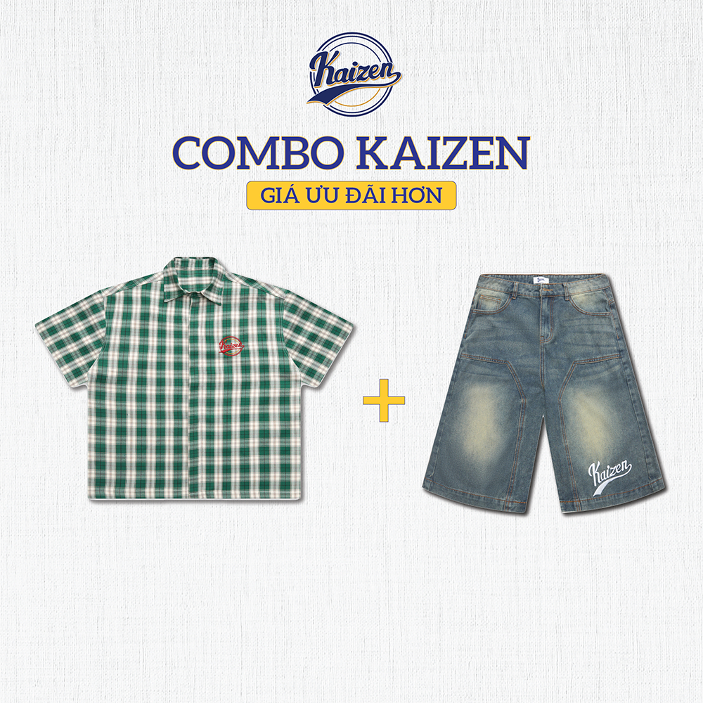 COMBO SHIRT + KAIZEN RETRO PLAID SHIRT + BAGGY DENIM SHORTS KAIZEN