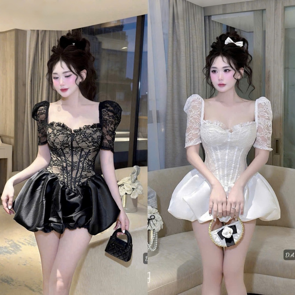 เดรสลูกไม้เกาะอกพองกับกางเกงหลวม