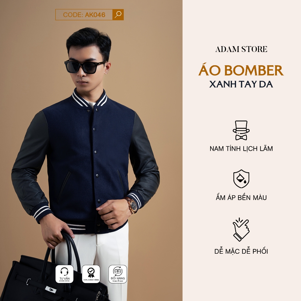 ADAM STORE BOMBER เสื้อแจ็คเก็ตผู้ชายผ้าหนังสีน้ําเงิน AK046