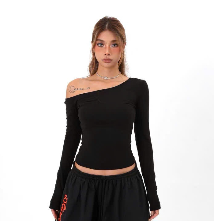 Haven Studio แขนยาวปิดไหล่เสื้อยืดผู้หญิง Bodycon โครเชต์รูปแบบ - Haven Studio บุคลิกภาพ Basic เสื้อ