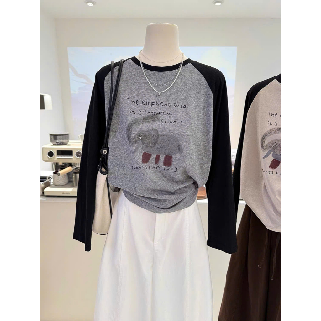 เสื้อยืดแขนยาวผู้หญิงสีตัดกันสไตล์วินเทจสไตล์เกาหลี menina_St เสื้อยืดแขนยาวราแกนทําจากผ้าฝ้ายแซ่บๆ