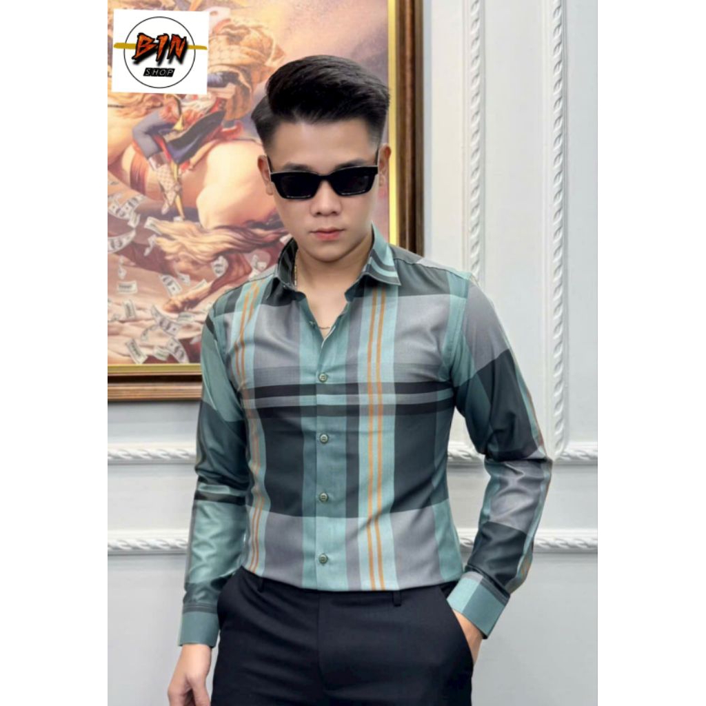 เสื้อเชิ้ตลายสก๊อตแขนยาวผู้ชายหรูหรา ม9868