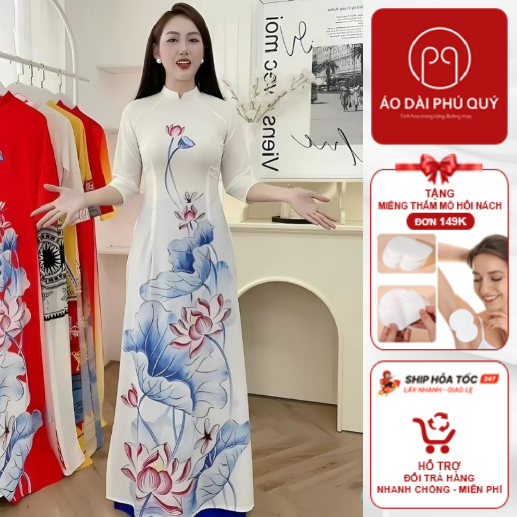 Ao dai แบบดั้งเดิม รหัส: ดอกบัวขาวพิมพ์ลาย 3 มิติ ao dai ดอกบัวสวยสุด ๆ ao dai