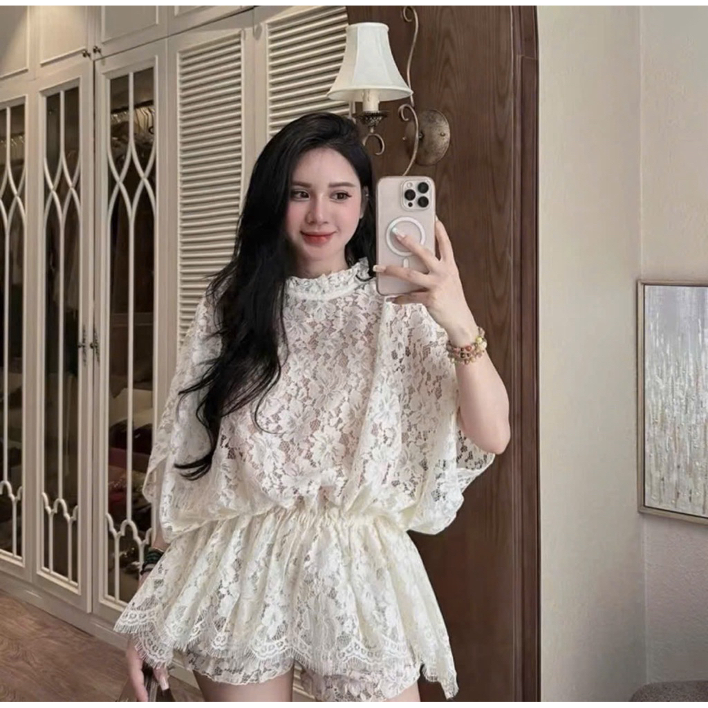 [BIG SIZE FAT CAT] SET OF 3 BABYDOLL SLEEVE LACE SHIRT - 2-STRING SHIRT - BIGSIZE FORM LACE SORT PAN