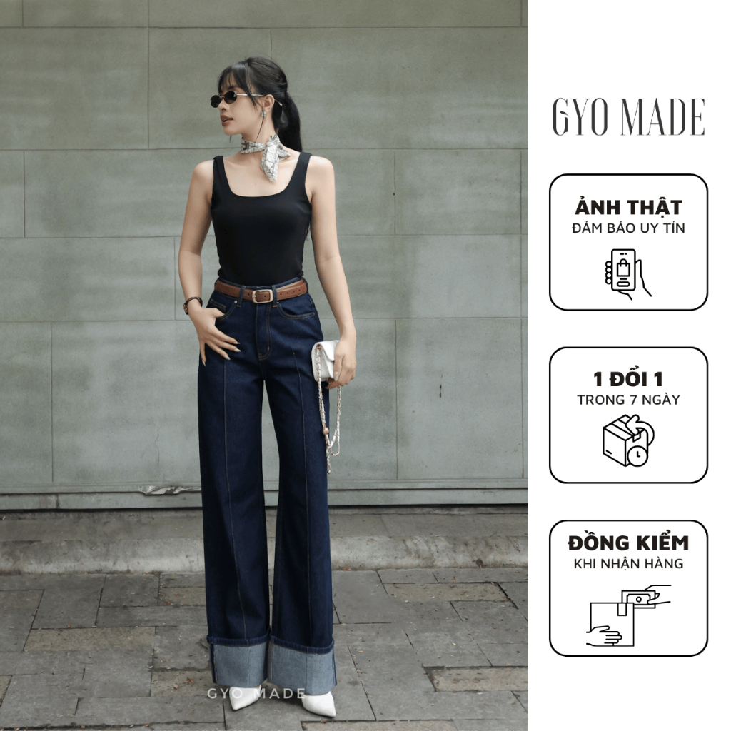 GYOMADE กางเกงยีนส์ผู้หญิงขาตรงเอวสูงหุ่นแบนทําจากผ้าฝ้ายคุณภาพสูงพร้อมบุคลิก | GQ020