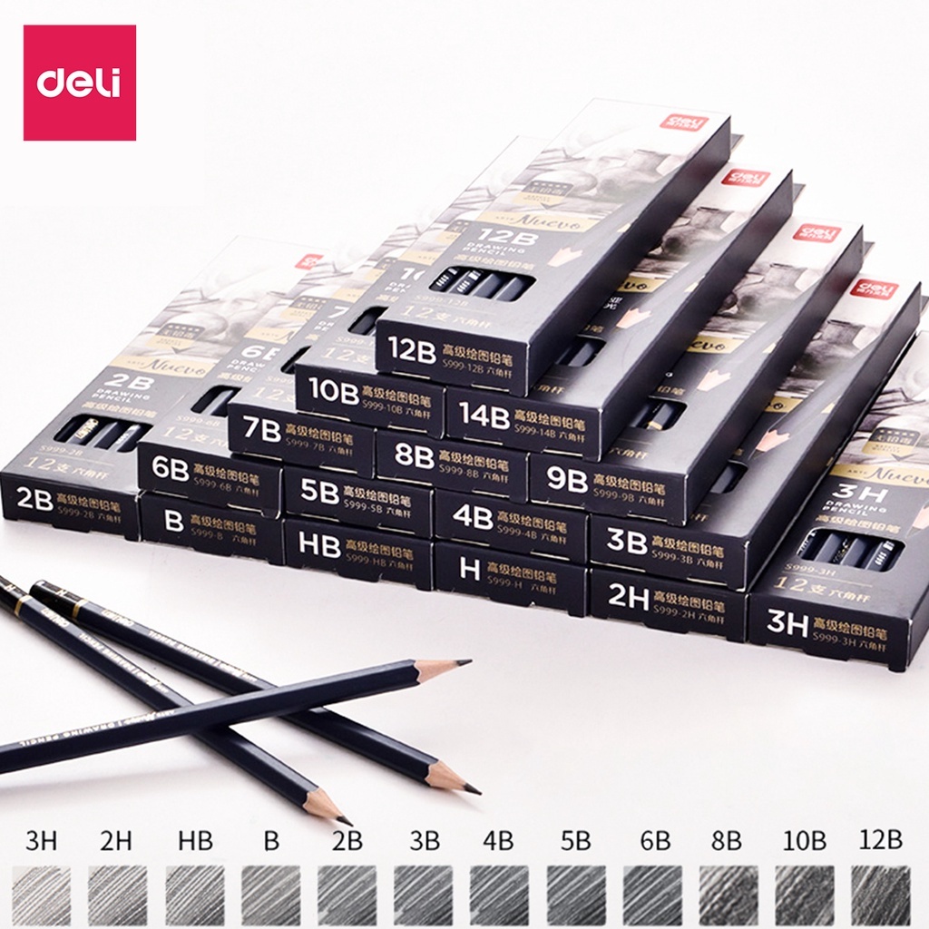 Deli Pencil S999 Sketching – B/H/HB Multi-H Hardness, Smooth Lines, Glossy, Professional Sketch