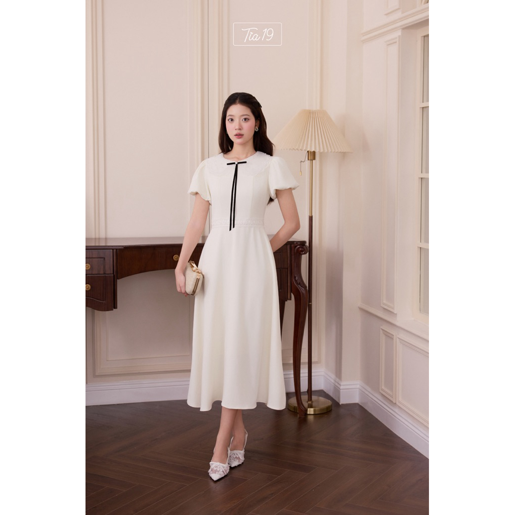 Bella Dress Tia19 ชุดเดรสคอปกหยกยาว ชุดออกงานบานสีขาว