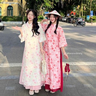(HAVANA) CÓ BIGSIZE - Áo dài voan tơ NHƯỢC HY lá cổ sen in họa tiết hoa kèm chân váy AD187