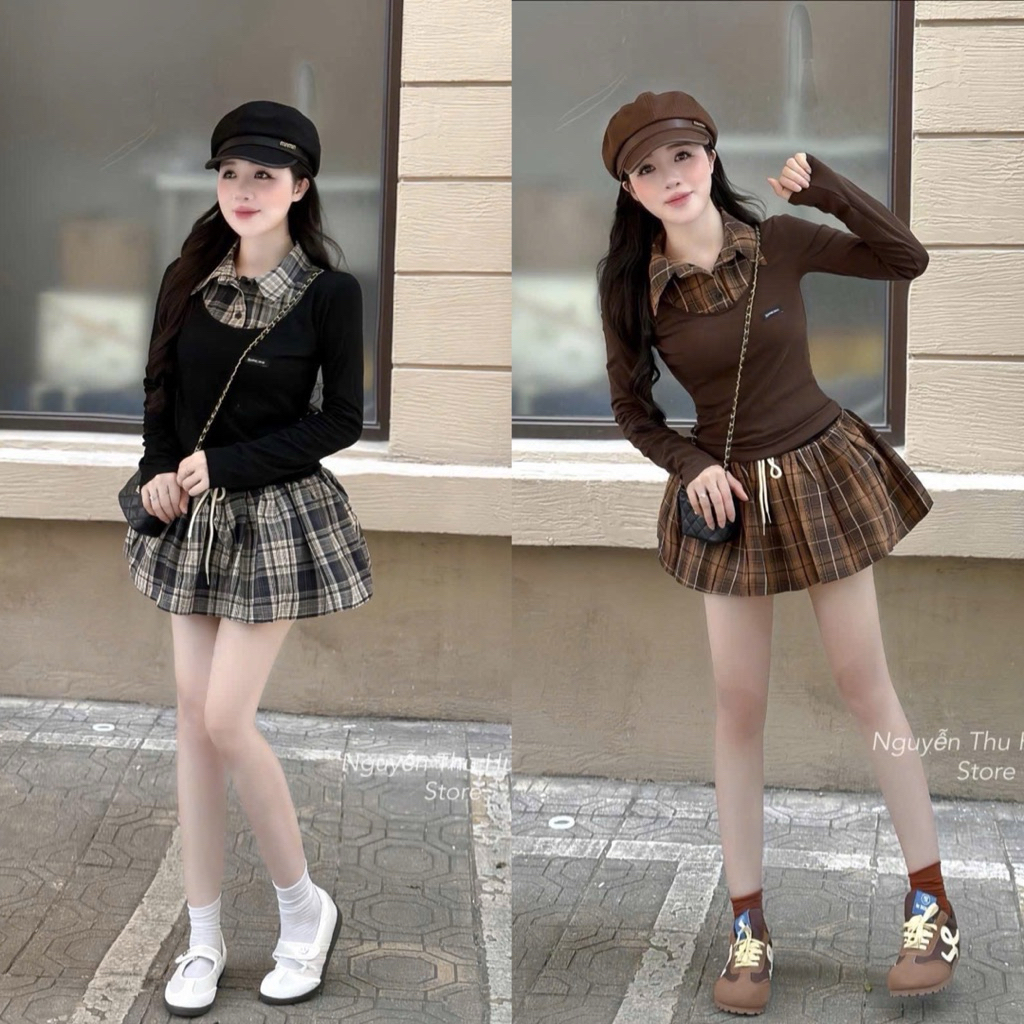 [ส2.4179] ชุดเสื้อซิปผ้าฝ้ายยืดพร้อมเสื้อคอปกลายสก๊อตผสมกระโปรงบาน(มีซับในเอวยางยืด)