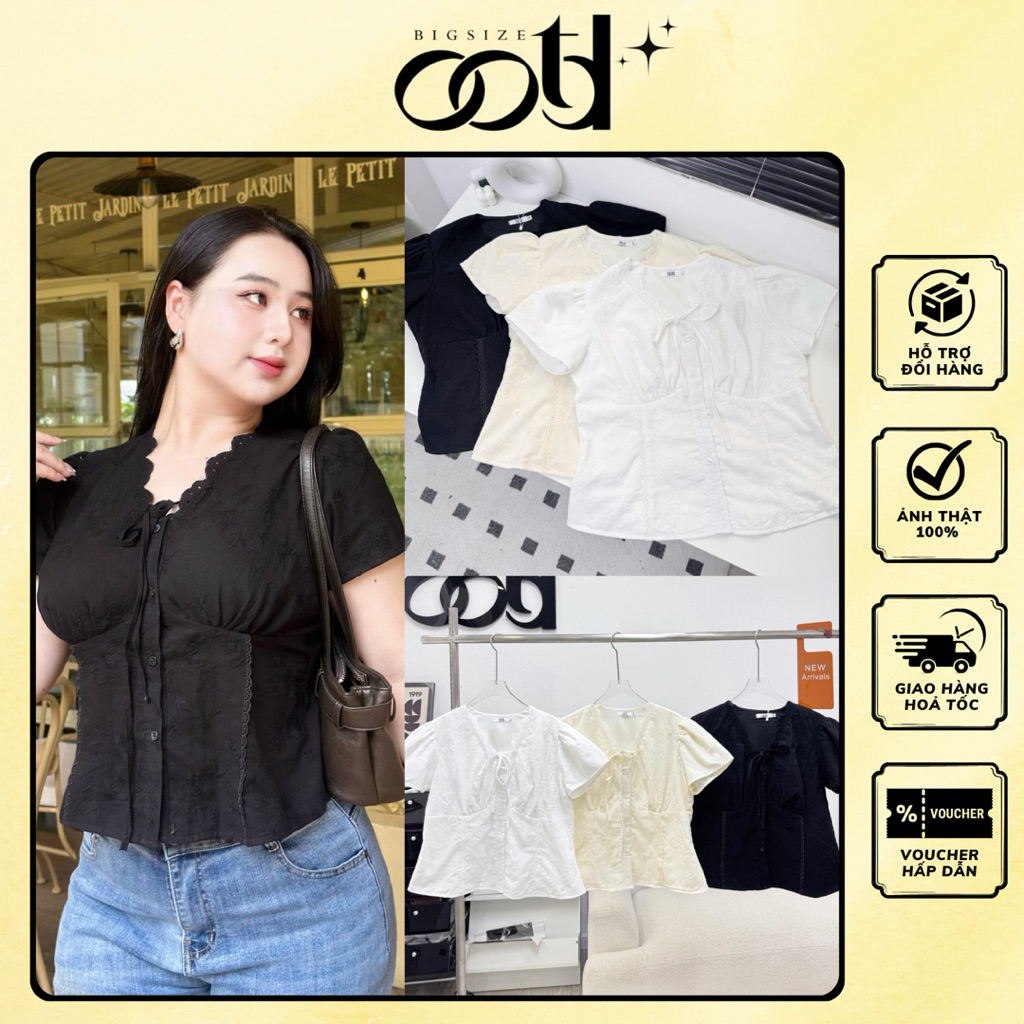 OOTD BIGSIZE - เสื้อเชิ้ตทรงบัคเก็ตปักมือคอปกผูกโบว์