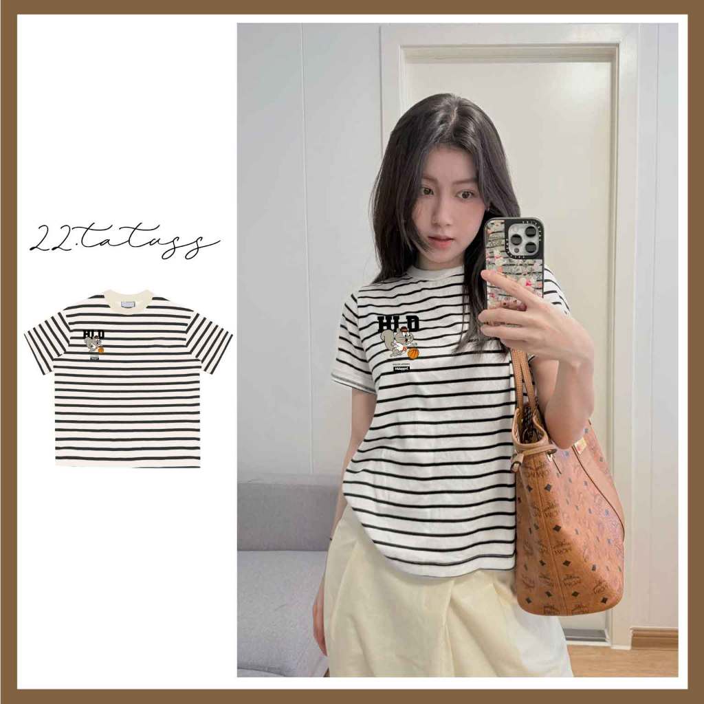 HLD - เสื้อยืดแขนสั้นลายทางสําหรับผู้หญิง ผ้าคอตตอนยืดนุ่ม 22.tatuss