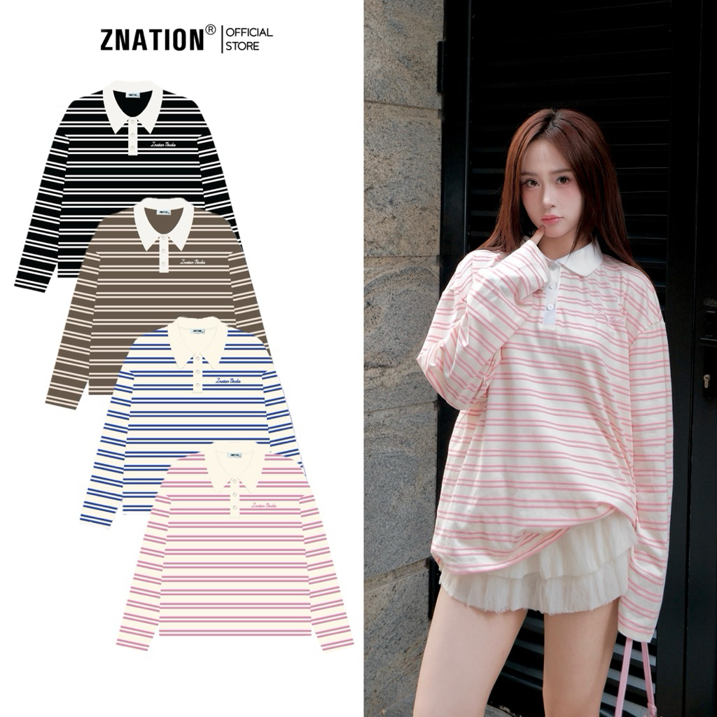 ZNATION Form Boxy เสื้อยืดแขนยาวลายทางสําหรับผู้ชายและผู้หญิงพร้อมคอปกโปโล