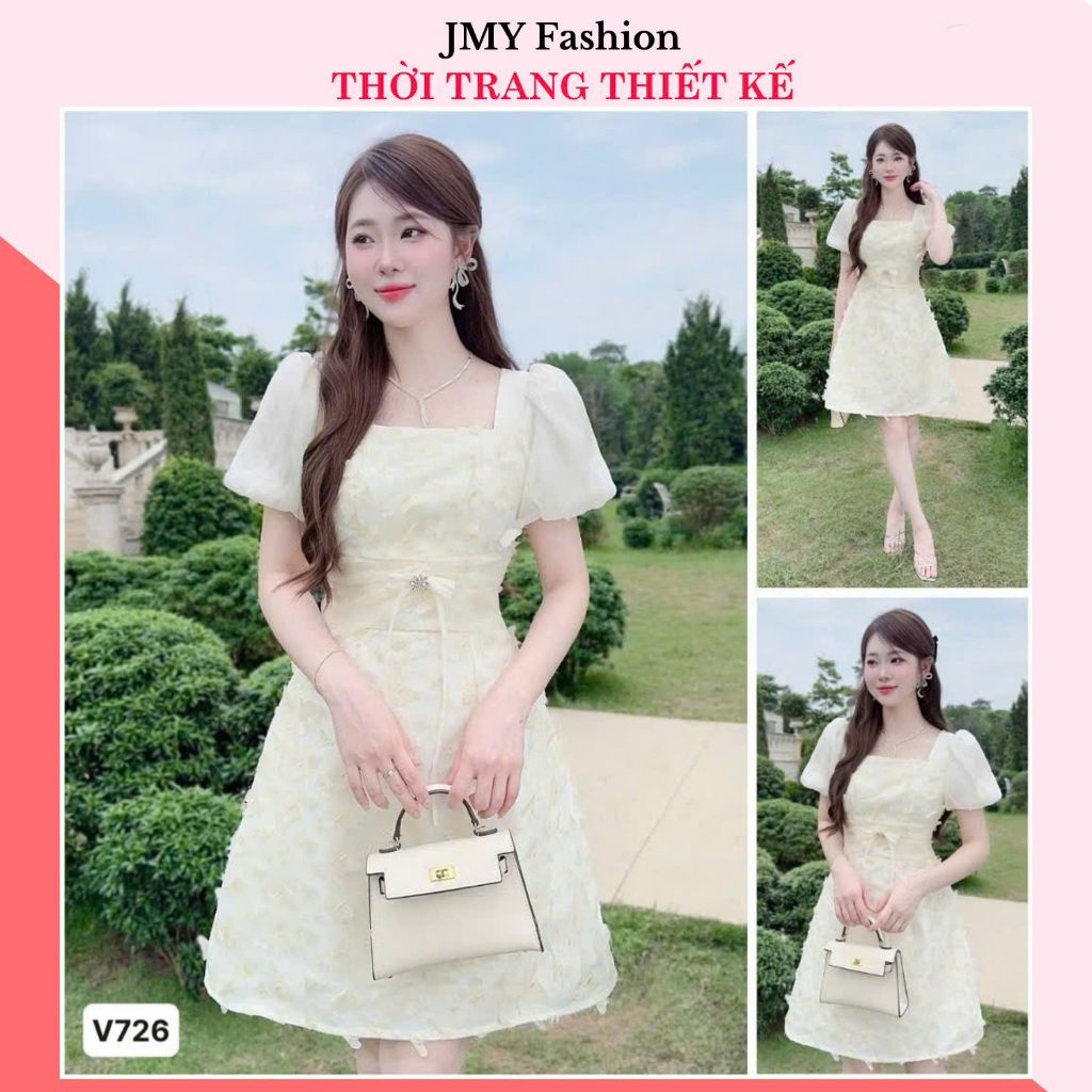 V726, RC808 เดรสคอเหลี่ยมทรงเอเรียบหรู แขนพอง [TH HA LE]