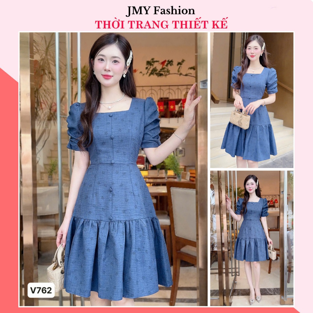 V762, RC839 เดรสบานสีฟ้าคอเหลี่ยมแขนพอง ดีไซน์ ladylike [TH HA LE]