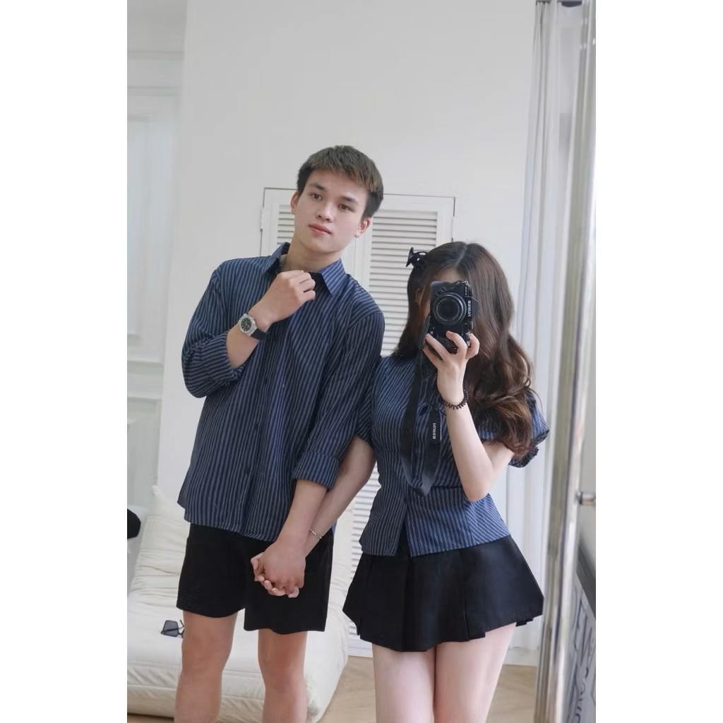 ชุดเซ็ตเสื้อชายหญิงแถบฟ้าชาโคลผูกเอวหลัง