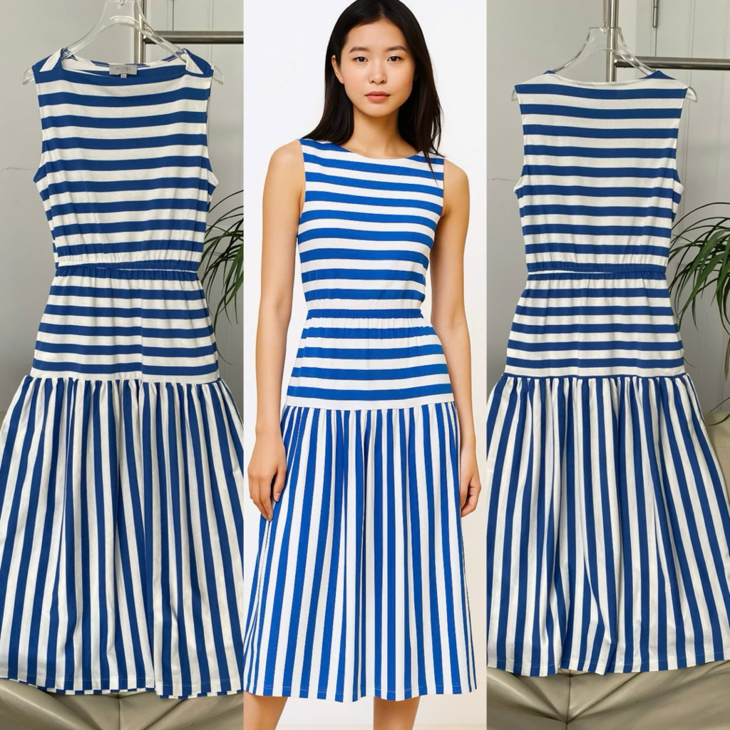 THE HIFU - เดรส Midi ยืดหยุ่นคอเรือ เอวยางยืด ใส่สบาย มีลวดลายแฟนซี E