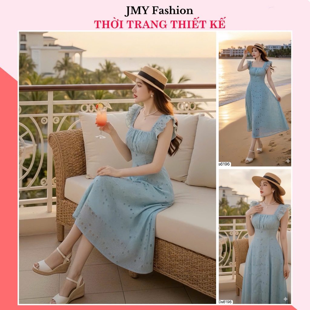 DS6196 เดรสบานยาวเลดี้สีน้ําเงินคอเหลี่ยมและแขนระบาย [Dolce Viva Collection (DVC/ACC)]