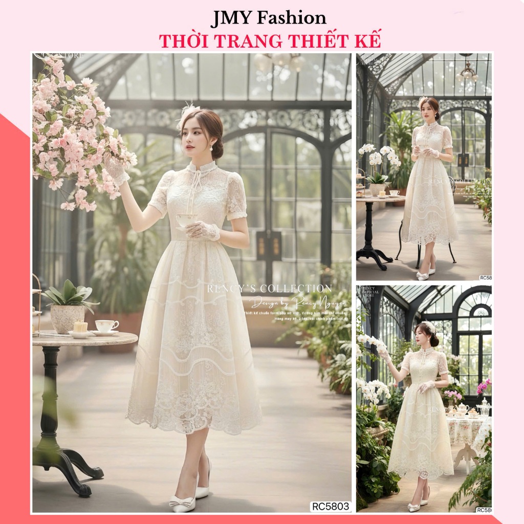 RC5803 เดรสลูกไม้บานครีมยาวประดับมุกอ่อนเยาว์ [TH RENCY]