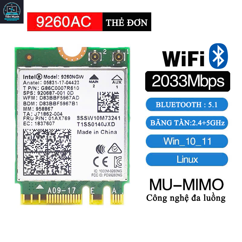 การ์ด WIFI 5 INTEL AC 9260 NGW M2 2230 KEY EA 5GHZ Bluetooh 5 สําหรับแล็ปท็อป PC TinyPc MiniPc...