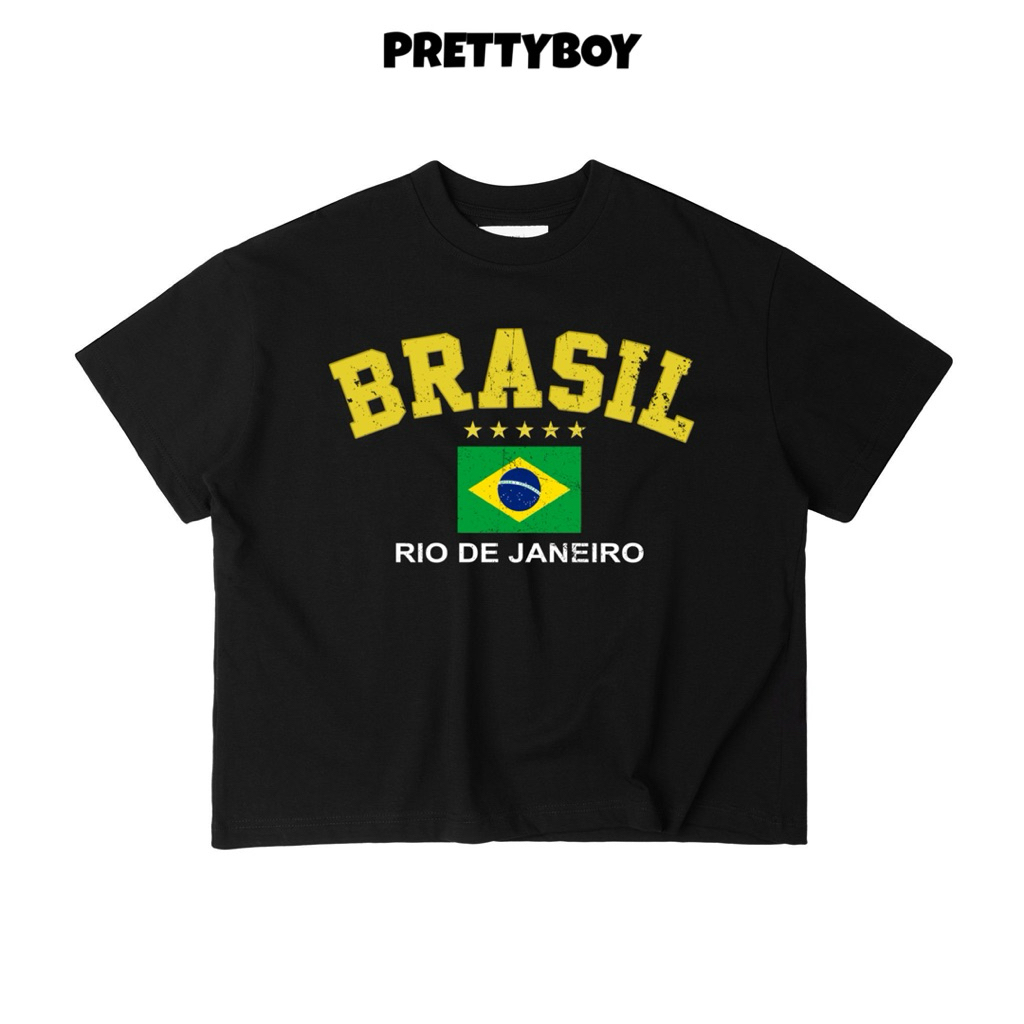 Boxy เสื้อยืดผู้ชายและผู้หญิง Flag BRASIL TEE ผ้าฝ้าย 250gsm สไตล์วัยรุ่นอเมริกัน - PRETTYBOY