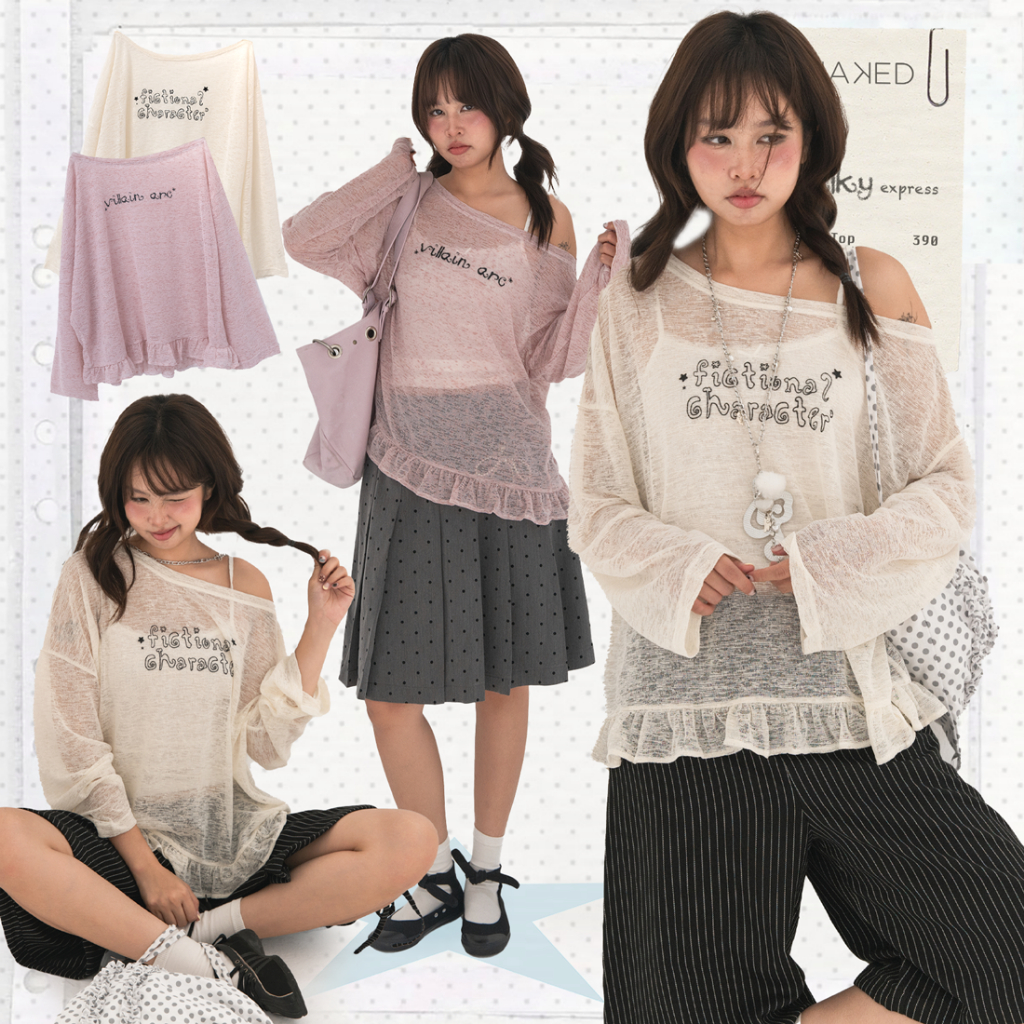 เสื้อยืดแขนยาวผู้หญิง NAKEbyV เสื้อสเวตเตอร์บางเปิดไหล่พิมพ์ลายตัวอักษรสไตล์ y2k รูปแบบหลวม FICTION TOP