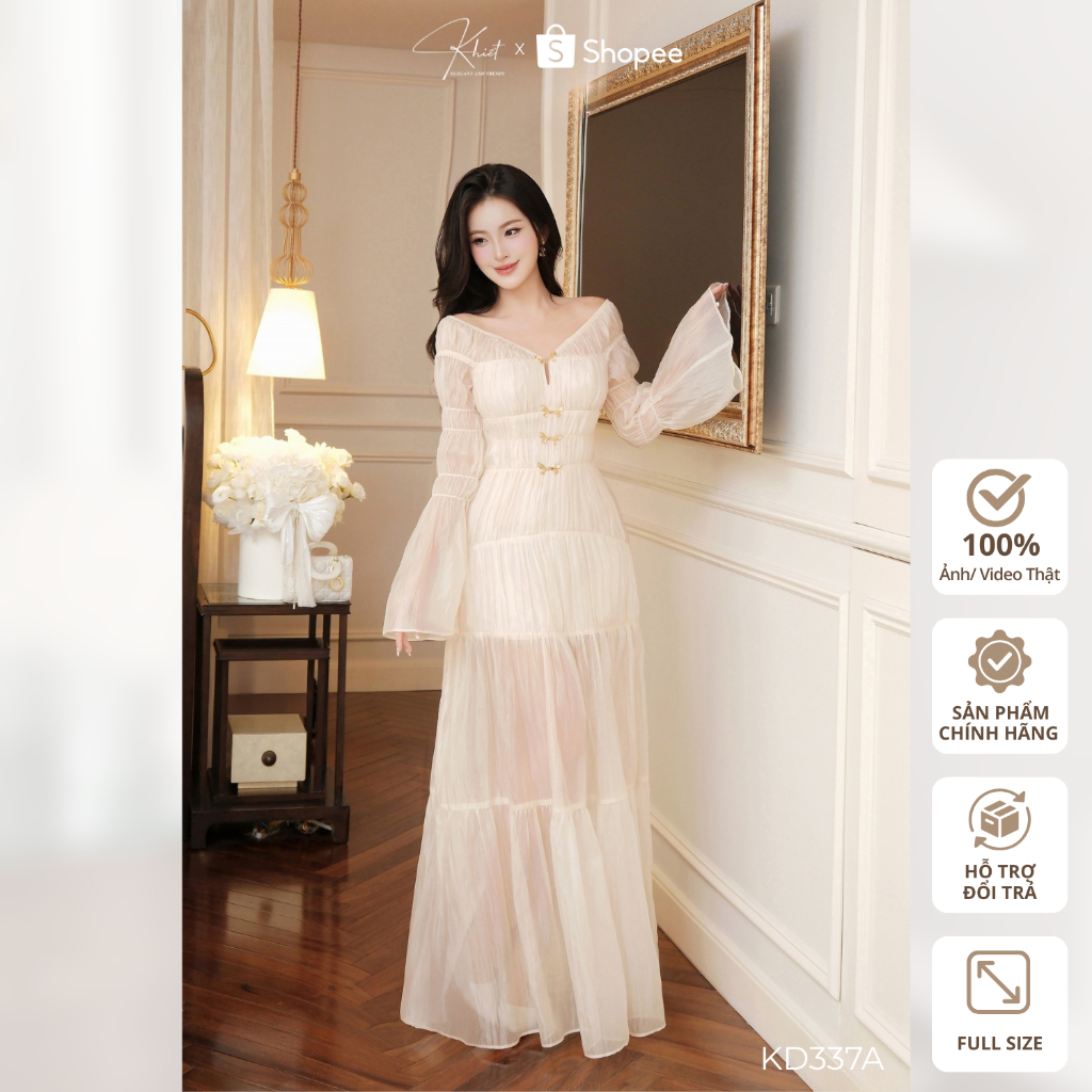 Pure Style เดรสยาวผ้าไหมโทนสีครีมอ่อนโยนและเสน่ห์ผีเสื้อ สไตล์ปาร์ตี้ KD337A