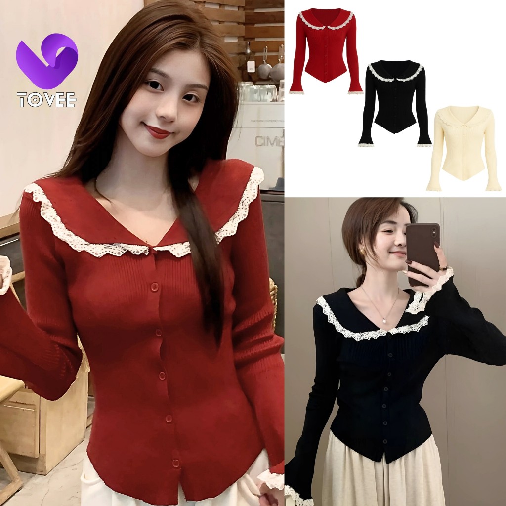 เสื้อยืดคอปกติดกระดุมแขนยาวยางสําหรับผู้หญิง DD142 ผสมผสานที่สวยงาม เสื้อยืดผู้หญิงเข้ารูป TOVEE