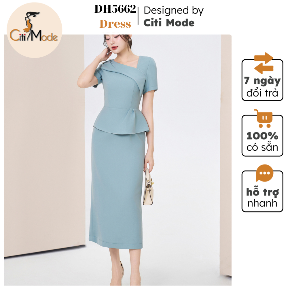 CITI MODE FASHION ชุดเดรสสํานักงานออกแบบด้วยชุดเดรสจีบสีเขียวขุ่นพร้อมปลอกคอออฟเซ็ตเอียง DH5662