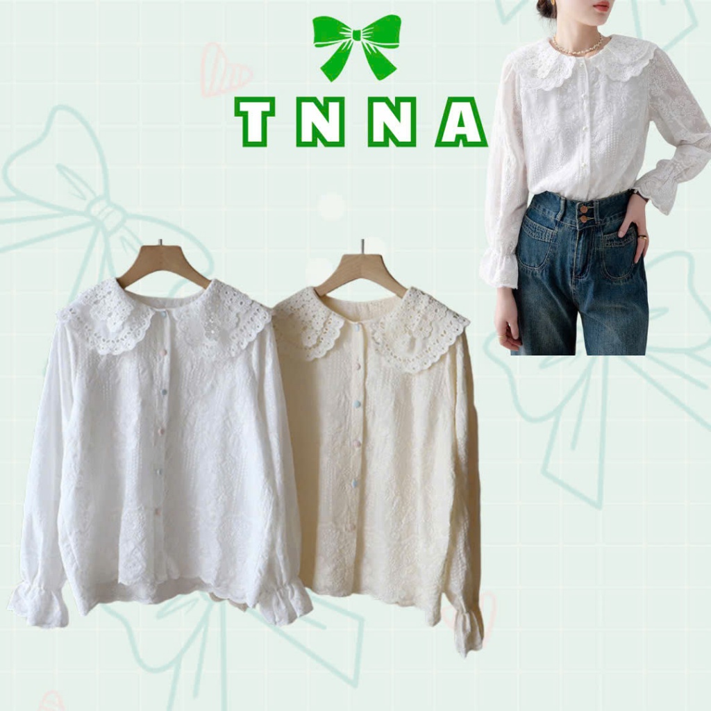 Tna_เสื้อขาวครีมผู้หญิงคอปกระบายลูกไม้ลายดอกไม้วินเทจแขนยาวสไตล์เลดี้ไลค์-เสื้อกระดุม การควบคุมคุณภา