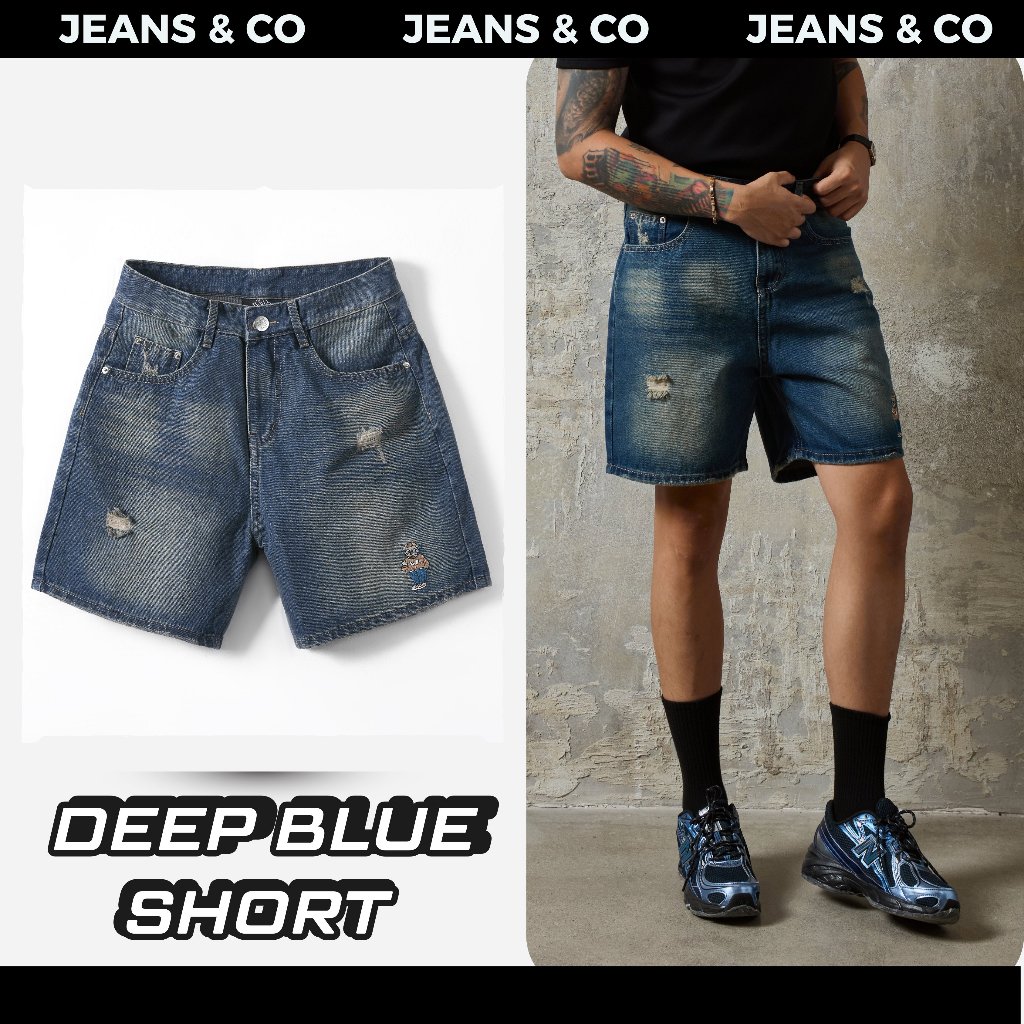DEEP BLUE SHORT JEANS กางเกงขาสั้นผู้ชาย - JEANS & CO - ทรงเหนือเข่า - กางเกงขาสั้นผู้ชายสีน้ําเงิน