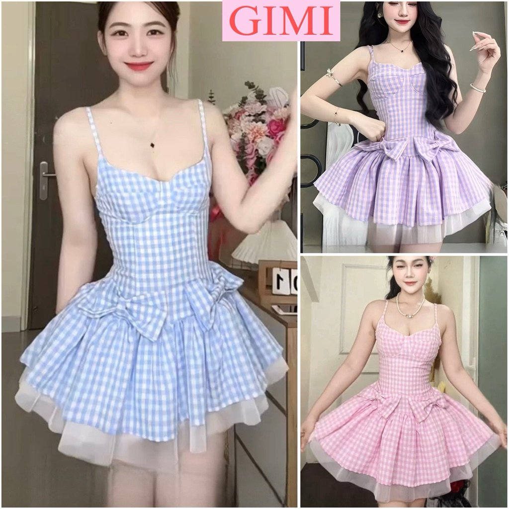 2S DRESS พร้อมโบว์ระบายและชีฟองด้วย BLUE/PINK/PURPLE GIMI PANTS (มีรูปถ่ายจริง)