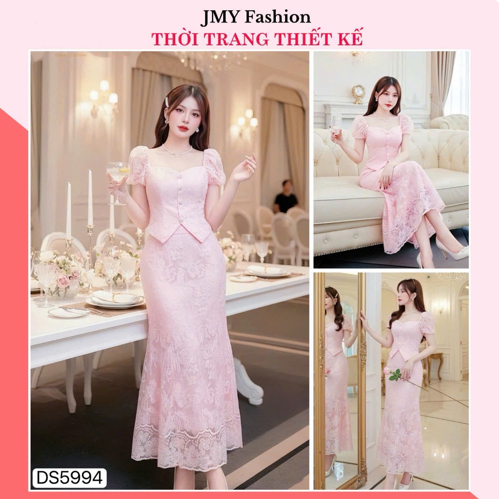 DS5994 เดรสลูกไม้สีชมพูคอเหลี่ยมดีไซน์สุดหรู Set [Dolce Viva Collection (DVC/ACC)]