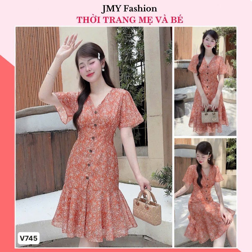 V745, RC822 เดรสลายดอกไม้สีส้มทรงหางปลาผู้หญิง [TH HA LE]