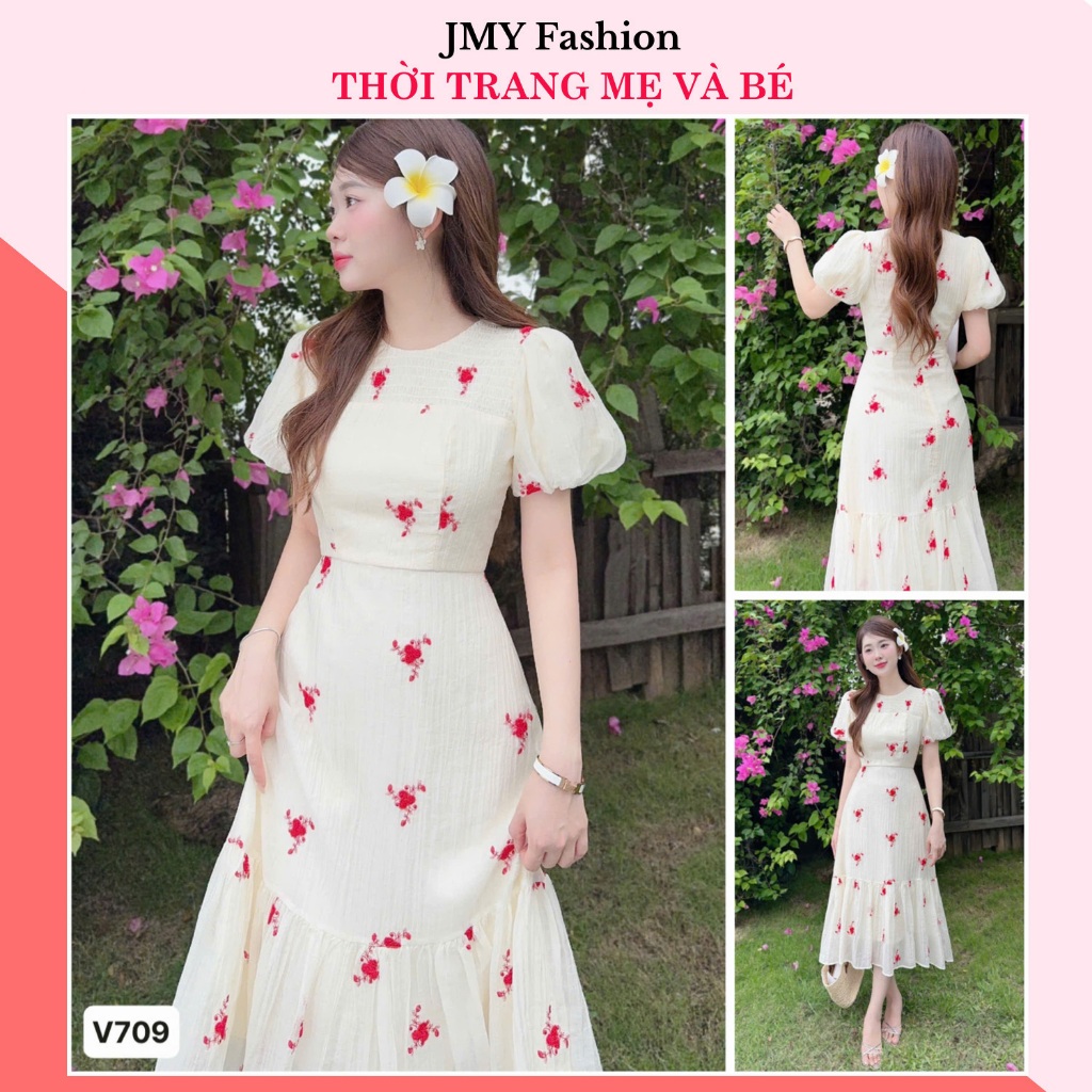 V709, RC789 เดรสหางปลามิดิทรงเอลายดอกไม้สีขาวและสีแดงหรูหราแขนพอง [TH HA LE]