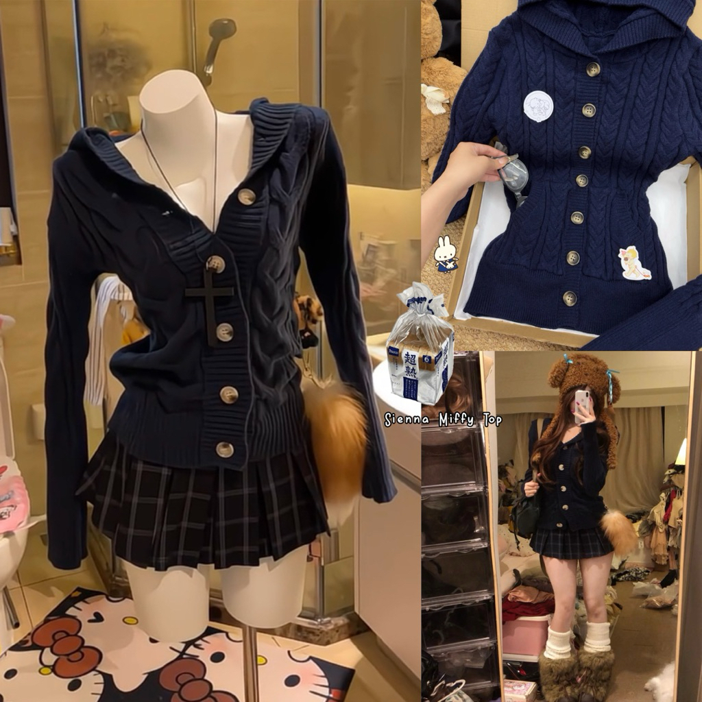 Ujo .closet muffy top shirt ผู้หญิง เสื้อคาร์ดิแกนหนาวินเทจฤดูใบไม้ร่วงและฤดูหนาวสีกรมท่าญี่ปุ่น sho