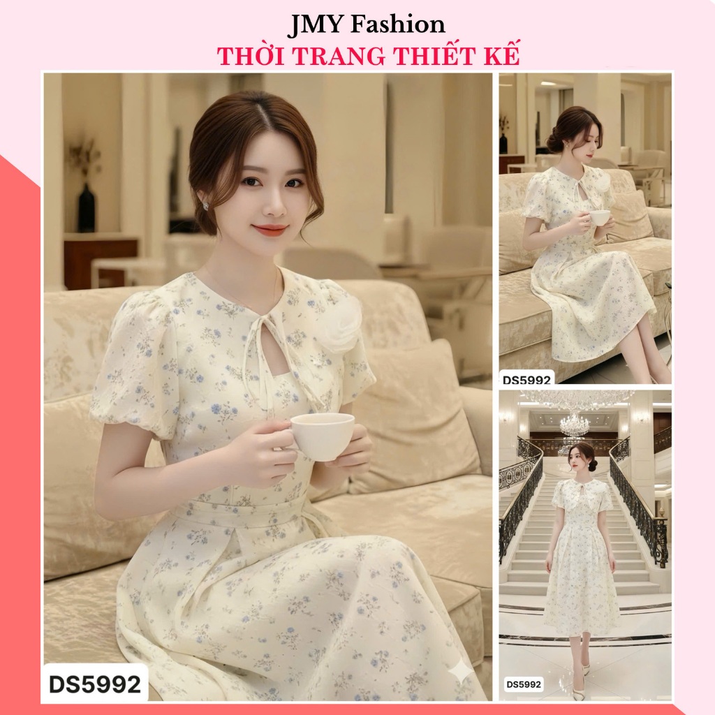 DS5992 ชุดเดรสบานดอกไม้คอปกโบว์สีน้ําเงินสําหรับผู้หญิง [Dolce Viva Collection (DVC/ACC)]