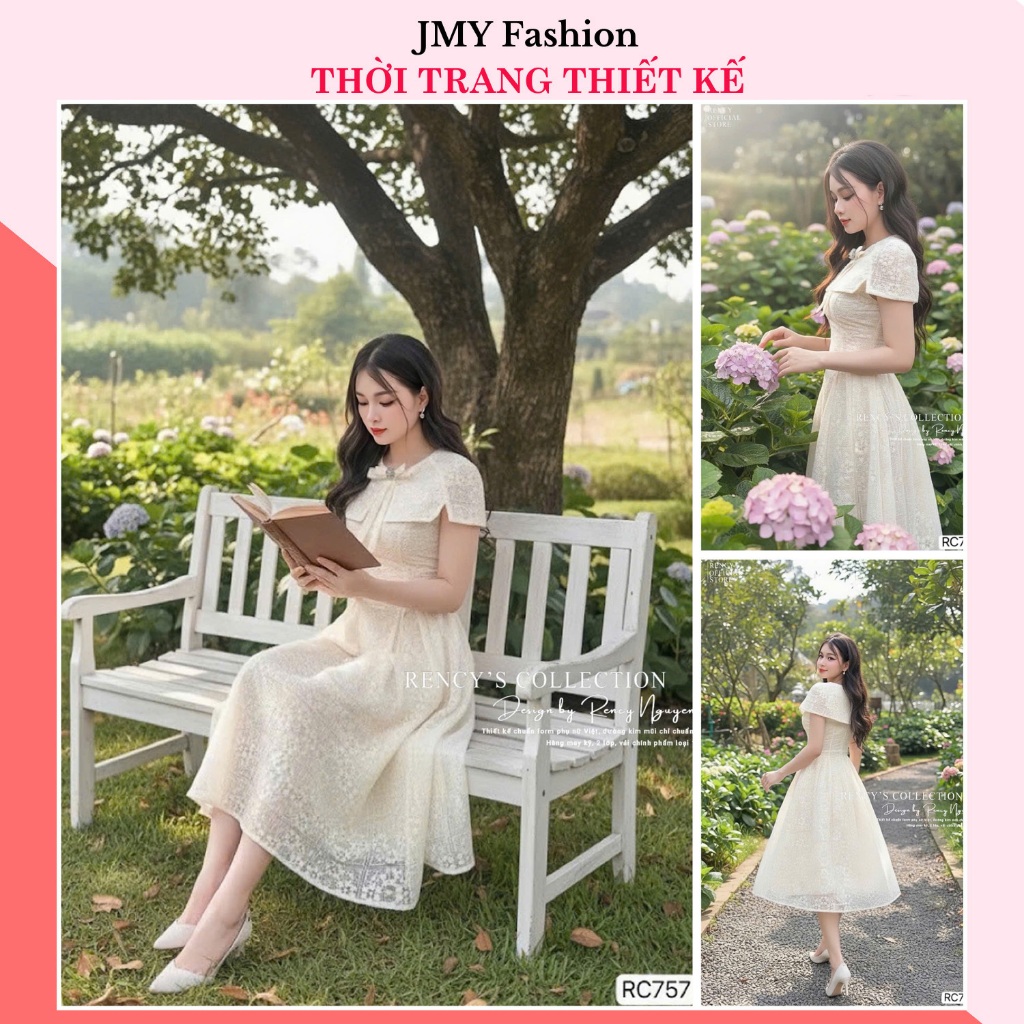 V672, RC757 เดรสบานลูกไม้ครีมพร้อมเสื้อคลุมผู้หญิง [TH HA LE] เดรสลูกไม้ครีมบานดีไซน์หรูหรา