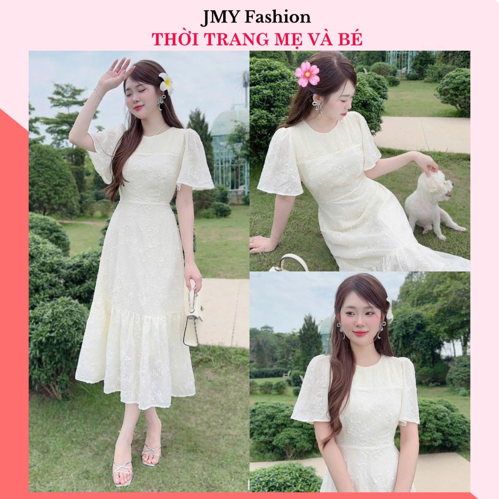 V602, RC660 เดรสครีมหางปลาบานและดอกไม้ปักผู้หญิง [TH HA LE] เดรสแขนบานนางฟ้าเลดี้