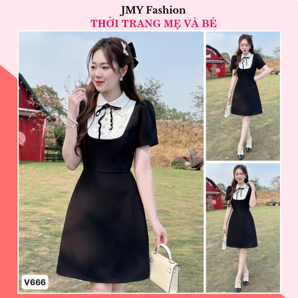 V666, RC751 เดรสสีดําทรงเอปกบัวสีขาวและโบว์สําหรับออฟฟิศ [TH HA LE]