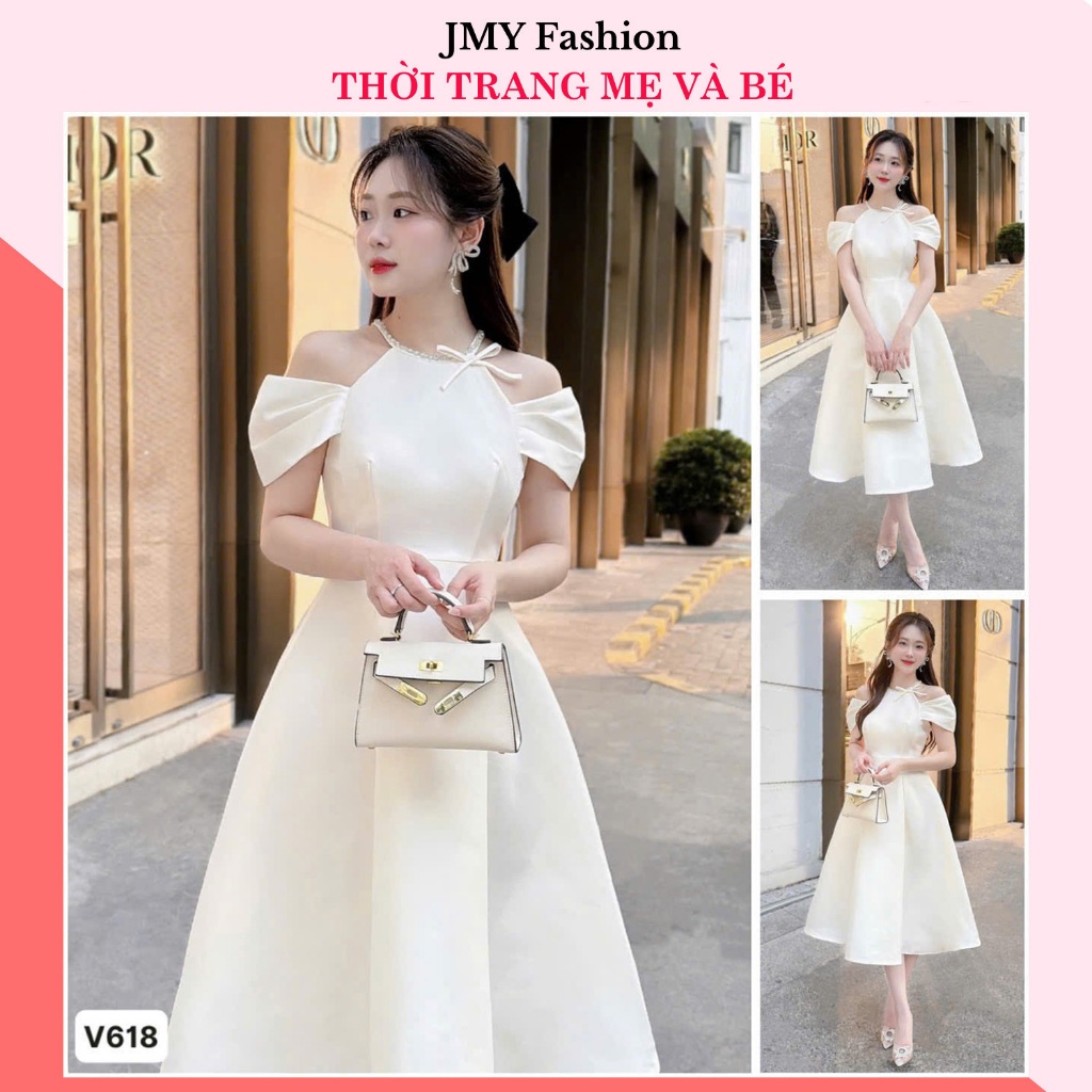 V618, RC678 เดรสครีมเปิดไหล่หรูหรา tapa คล้องคอ [TH HA LE]