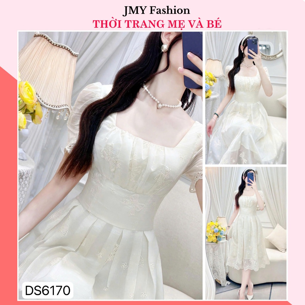 DS6170 เดรสบานสีขาวครีมคอเหลี่ยมและโบว์ปักผู้หญิง [Dolce Viva Collection (DVC/ACC)]