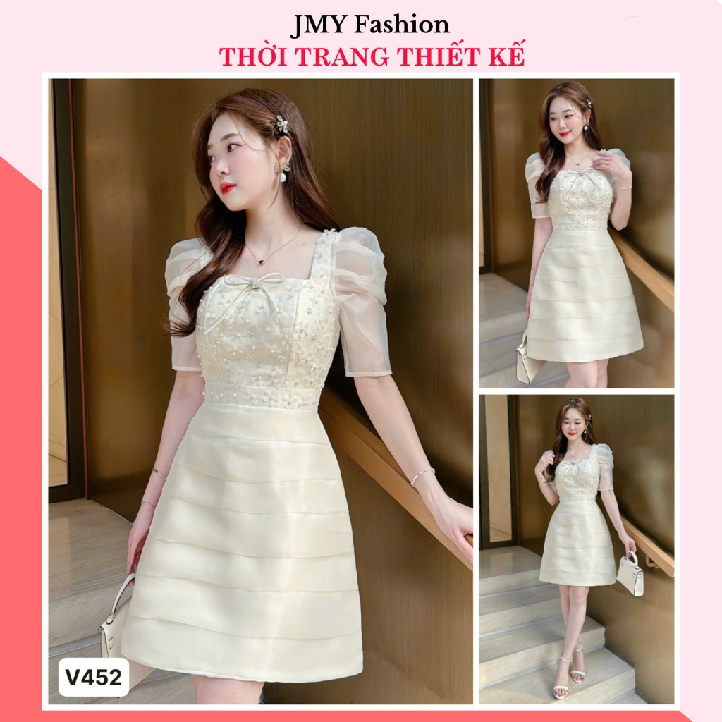 V452, RC430 ชุดครีมทาทาผสมชีฟองดอกไม้นูน คอเหลี่ยม แขนพอง สําหรับปาร์ตี้ [TH Ha Thanh]